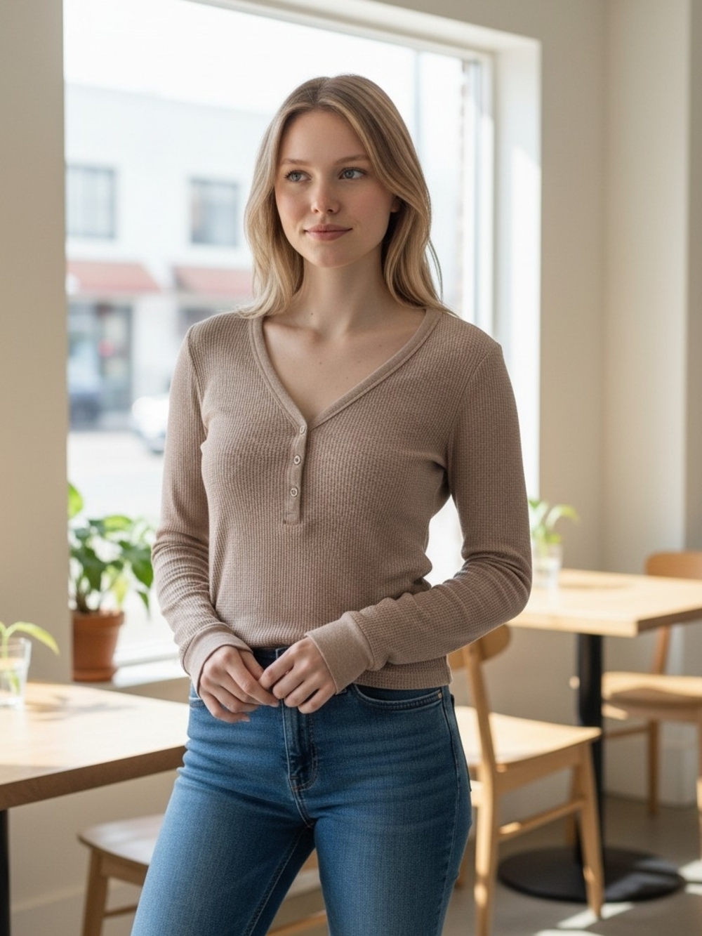 ARITZIA TnA Waffle Ribbed Henley Long Sleeve Top